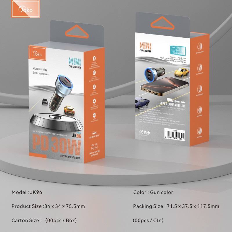 Joko car charger with fast charging, has 2 Type-C ports and 1 USB port, model: JK96