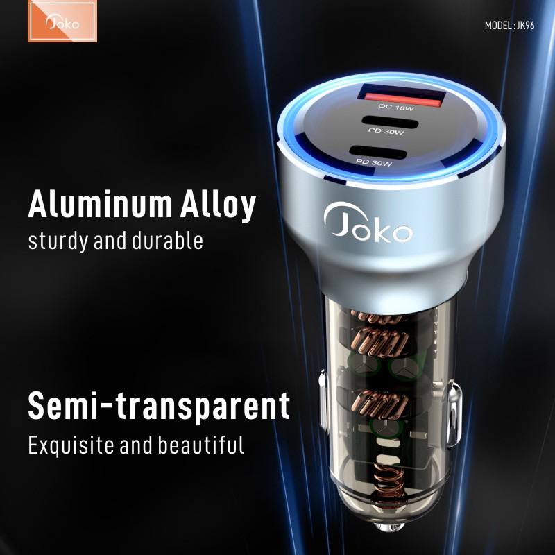 Joko car charger with fast charging, has 2 Type-C ports and 1 USB port, model: JK96