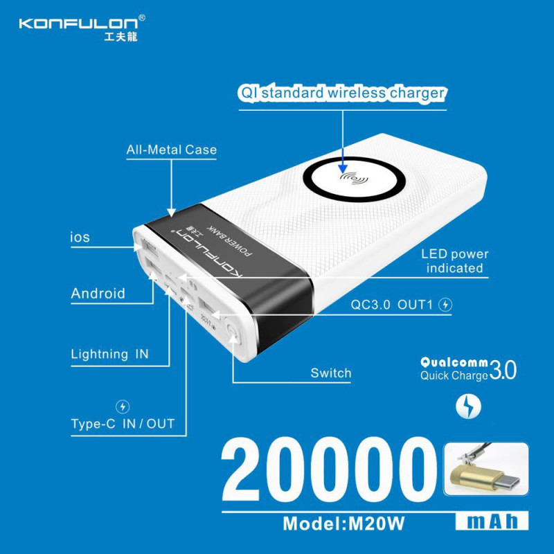 Konfulon QC 3.0 Fast Charge Power Bank Wireless Model M20W