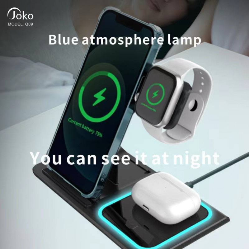 JOKO  foldable three-in-one wireless charging 15W fast charging Q09 headset watch multi-compatible mobile phone wireless charging stand