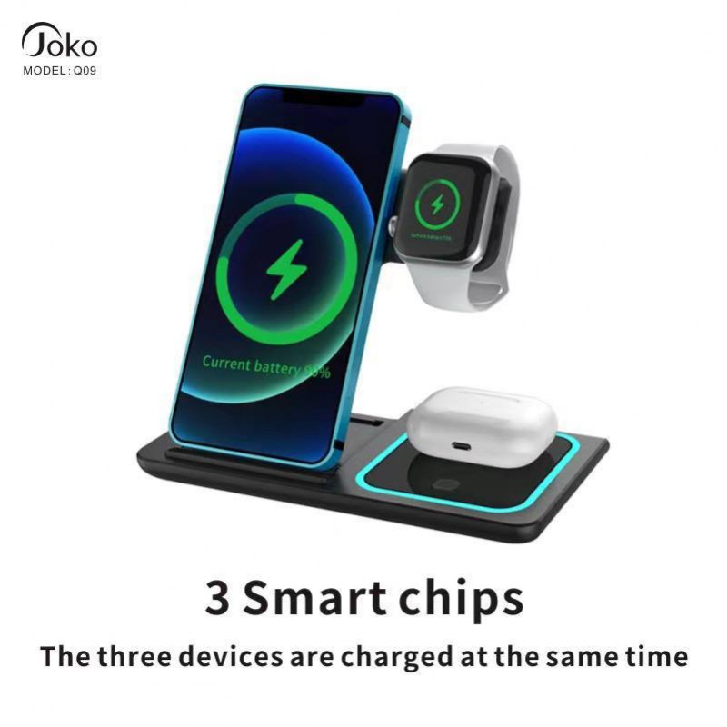 JOKO  foldable three-in-one wireless charging 15W fast charging Q09 headset watch multi-compatible mobile phone wireless charging stand