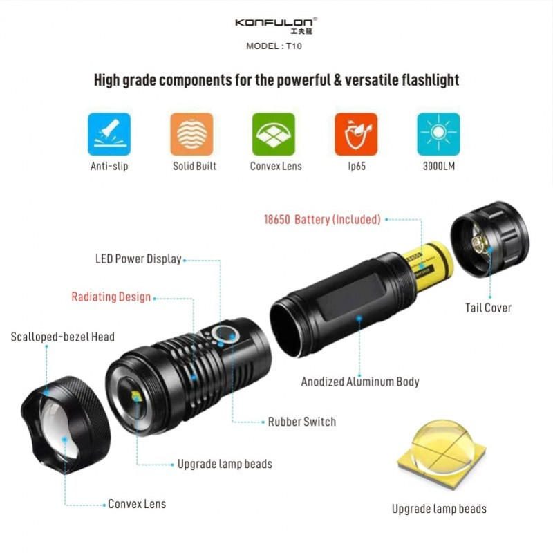 Konfulon Flashlight Waterproof Lighting Outdoor model T10