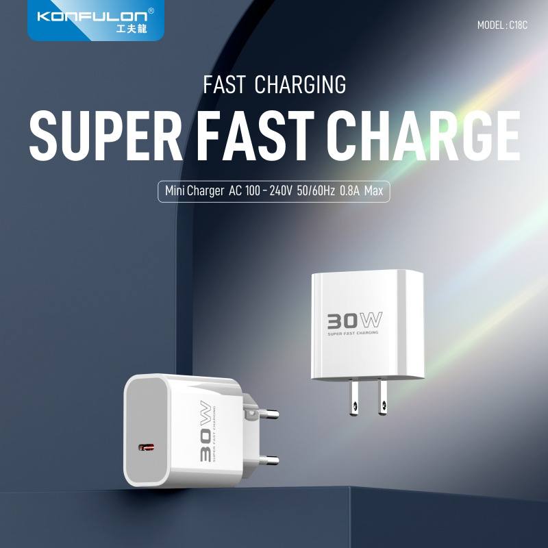 Konfulon Fast charge adapter 30W Model C18C come with cable Dl50 Lightning - cable Dl51 Type-C