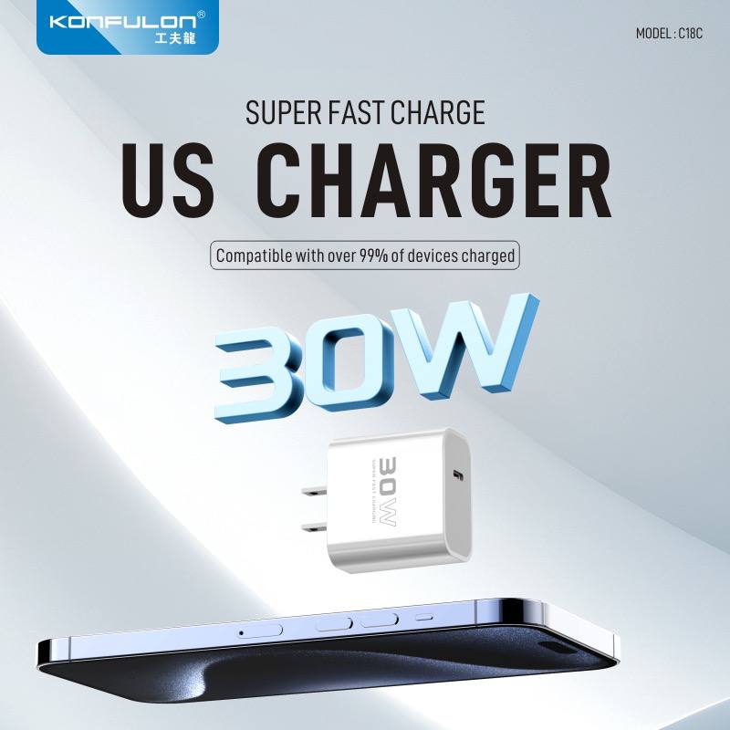 Konfulon Fast charge adapter 30W Model C18C come with cable Dl50 Lightning - cable Dl51 Type-C