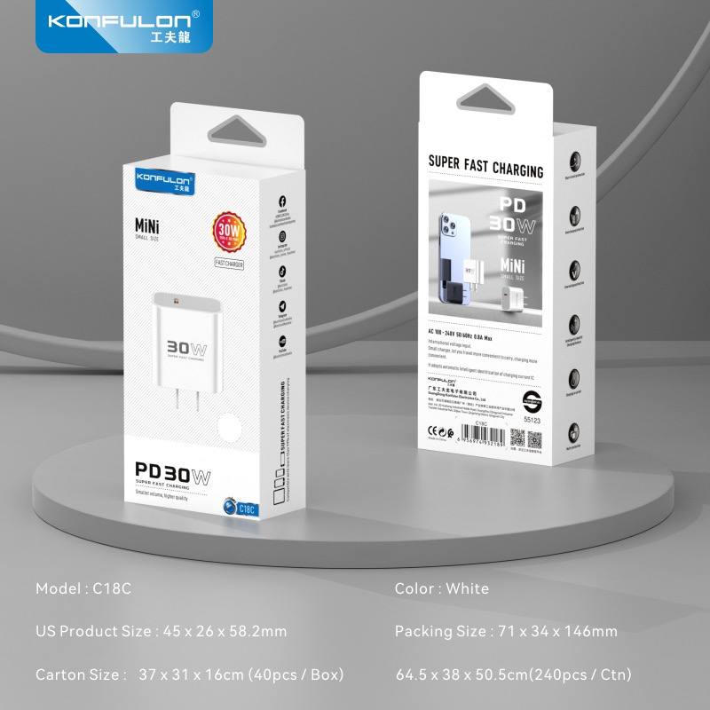 Konfulon Fast charge adapter 30W Model C18C come with cable Dl50 Lightning - cable Dl51 Type-C