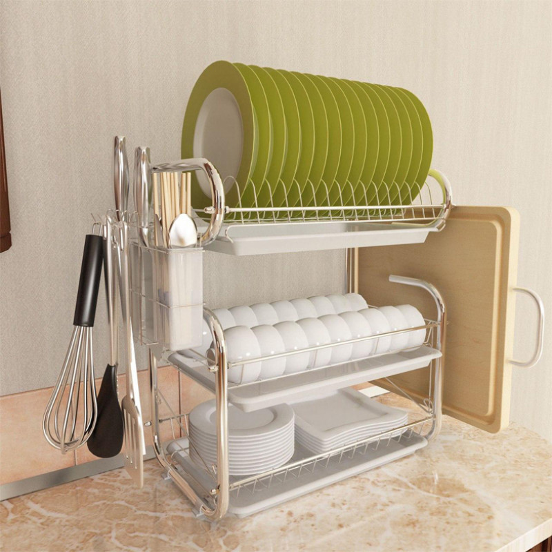3-Tier Metal Dish Rack and Drainboard Kitchen Plate Cup Dish Drying Rack with Tray Dryer