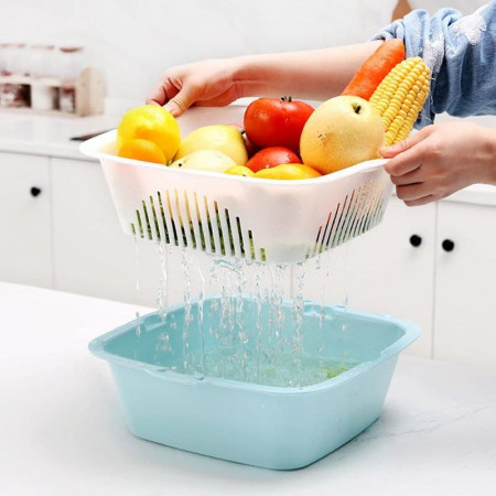 Double-layer plastic drain basket for vegetable washing basin