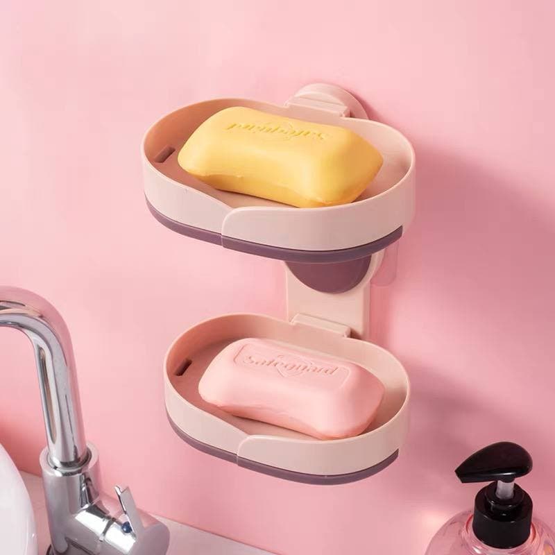 Double Layer Soap Dish Suction Cup Soap Holder for Shower, Powerful Soap Bar Case for Bathroom, Drill-Free, Drainage Design, 