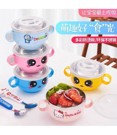 Children's binaural bowl with lid spoon baby food supplement tableware cartoon small bowl stainless