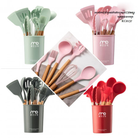 Food grade silicone wooden handle kitchenware set non-stick pot special cooking spoon