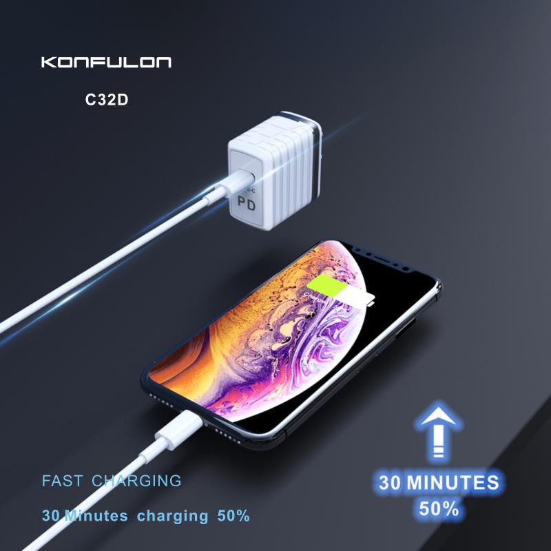  Konfulon 18W PD charging adapter + cable supports ios/iphone Model :C32D + C to Lightning Set