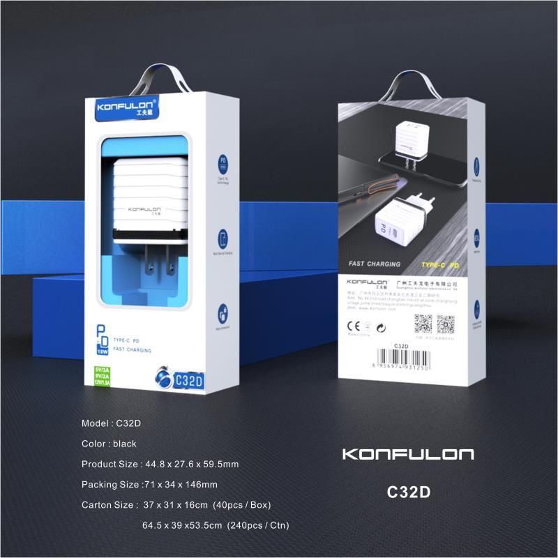  Konfulon 18W PD charging adapter + cable supports ios/iphone Model :C32D + C to Lightning Set