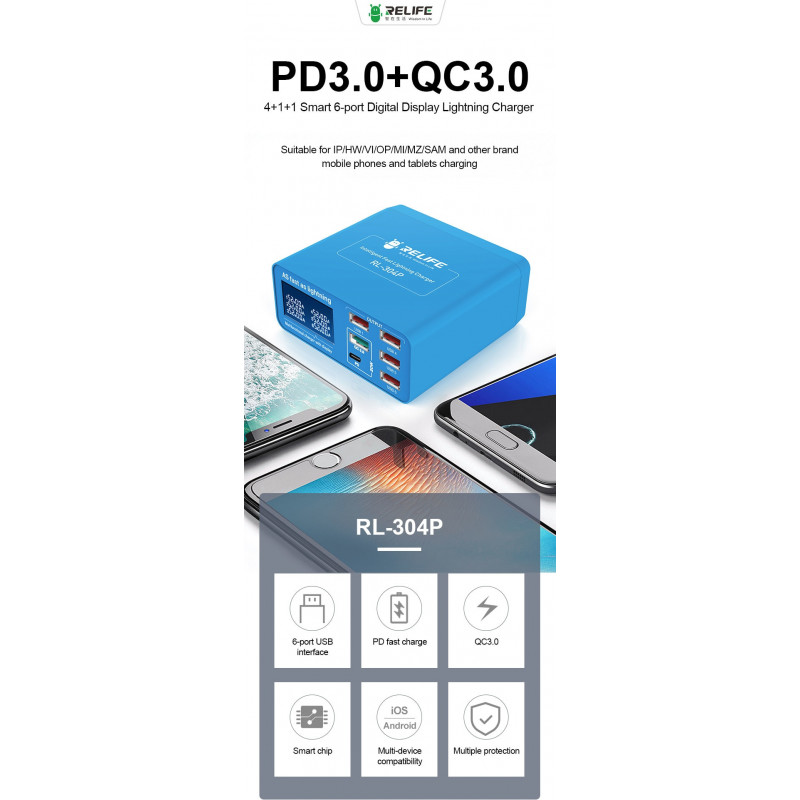 PD3.0+QC3.0 Smart 6 USB Digital Display Lightning Charger