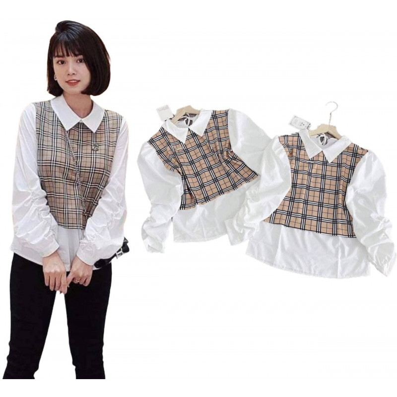Brand scatter cabinet cut label love yi series new spring plaid knitted stitching shirt