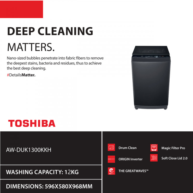 Toshiba Washing Machine Top Load Model AW-DUK1300KKH