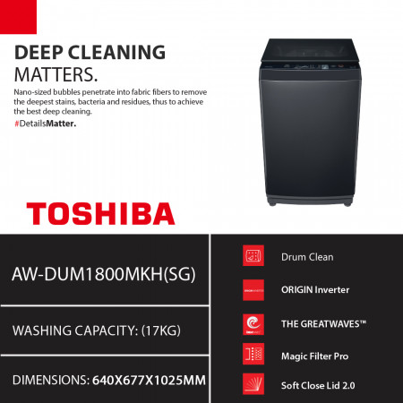 Toshiba Washing Machine Top Load Model AW-DUM1800MKH(SG)