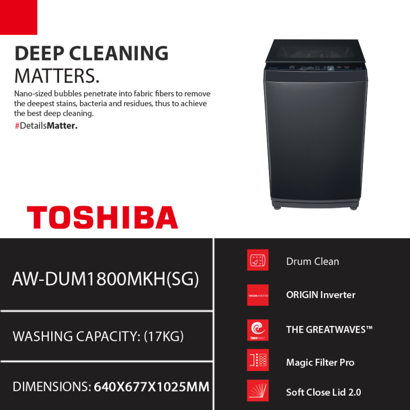 Toshiba Washing Machine Top Load Model AW-DUM1800MKH(SG)